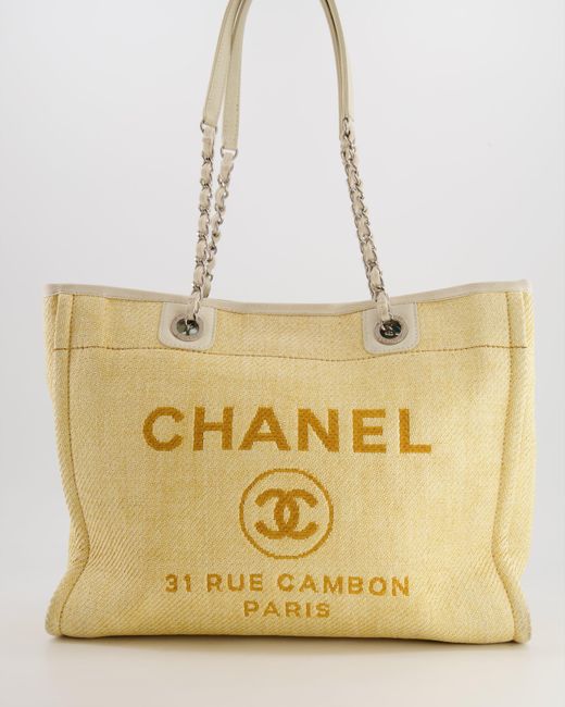 Chanel Natural Raffia Small Deauville Tote Bag With Silver Hardware