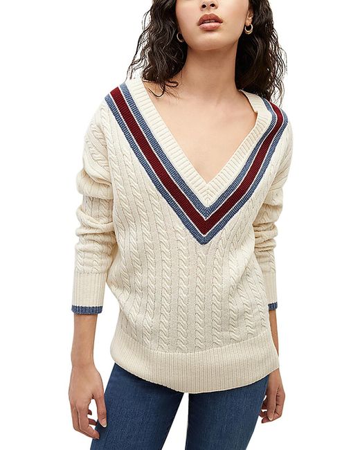 Veronica Beard Natural Cable-knit Ribbed Trim V-neck Sweater
