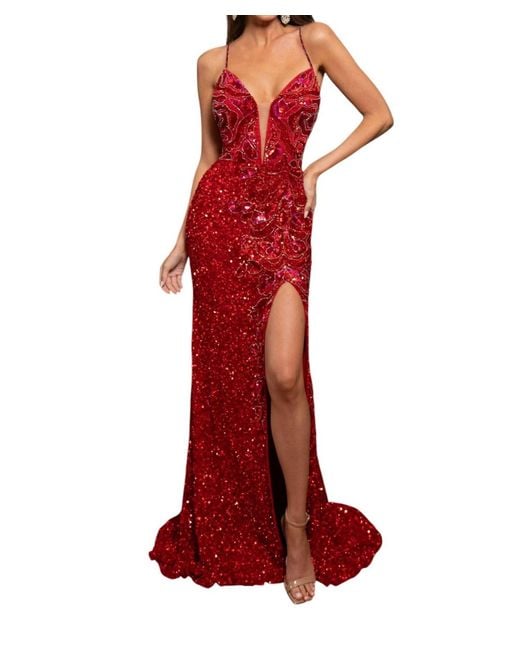 Rachel Allan Red Fitted Ornate Prom Dress