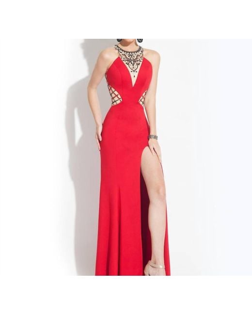 Rachel Allan Red High Mesh Neck Jersey Prom Gown With High Slit