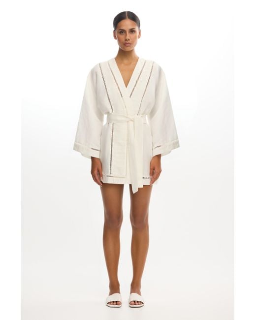 SO ONLINE AU Women's White Izzy Long Sleeve Mini Dress For Linen Blend,  Long Bell Sleeves,