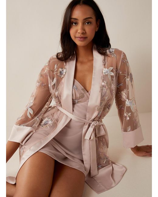 Rya Collection Brown Powder Pink Sheer Embroidered Robe