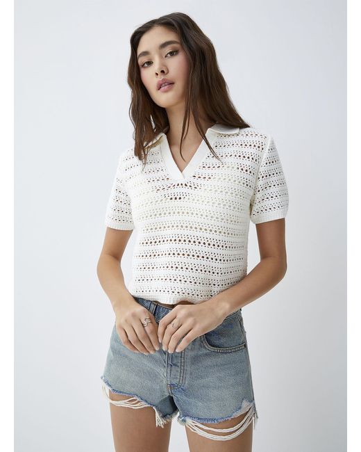 Twik White Pointelle Knit Johnny Collar Sweater