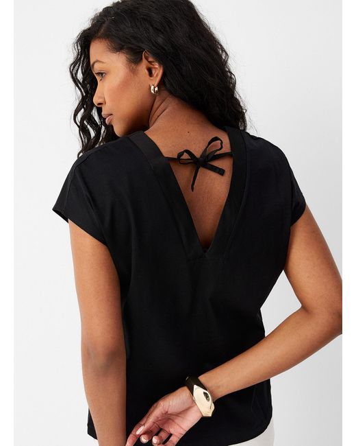 Benetton V-neck Tie-back T-shirt (women, Black, Large)