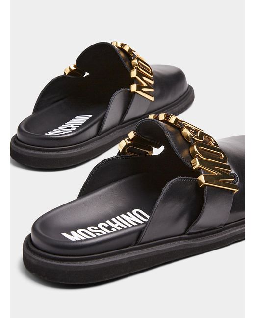 Moschino Brown Gold Logo Shiny Leather Mules Men for men