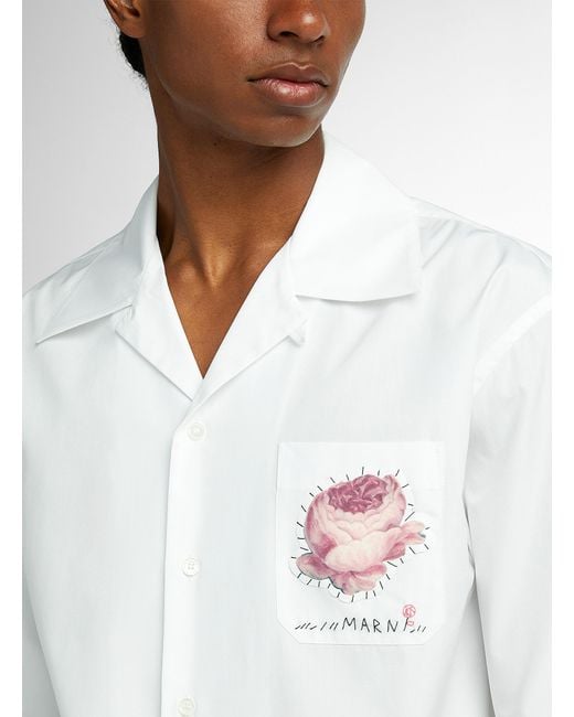 Marni White Compact Poplin Patch Flower Shirt for men
