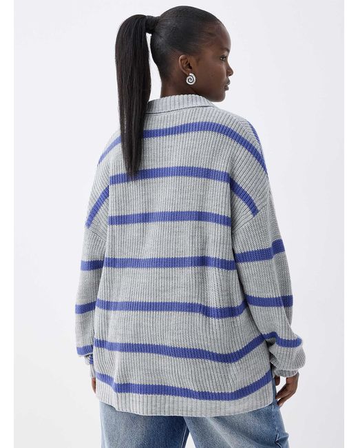 Twik Blue Ribbed And Striped Johnny Collar Sweater