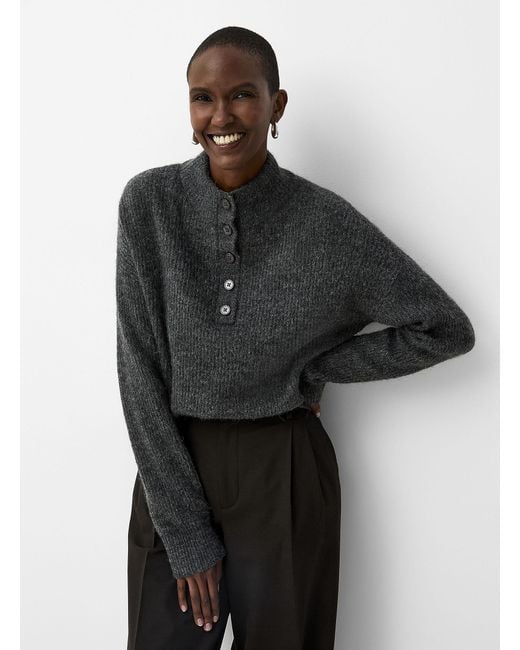 Contemporaine Black Buttoned Chimney Collar Fuzzy Sweater
