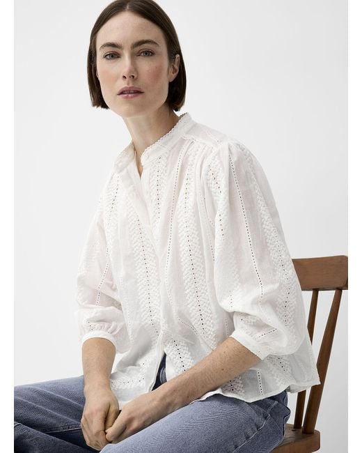 Contemporaine White Openwork And Embroidery Sheer Blouse