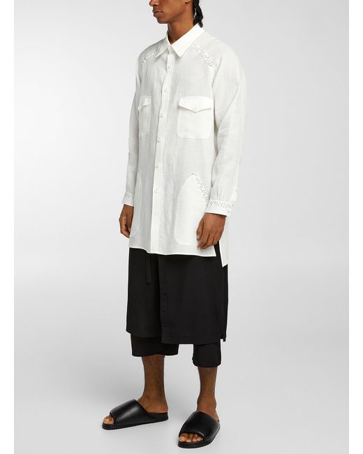Yohji Yamamoto White Graphic Stitching Long Linen Shirt for men