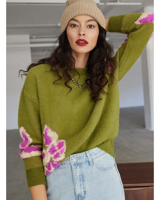 FRNCH Green Contrasting Flower Jacquard Sweater