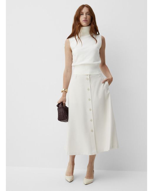 Contemporaine White Flowy Flared Buttoned Skirt