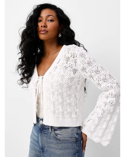 B.Young White Openwork Pattern Ivory Tie Cardigan