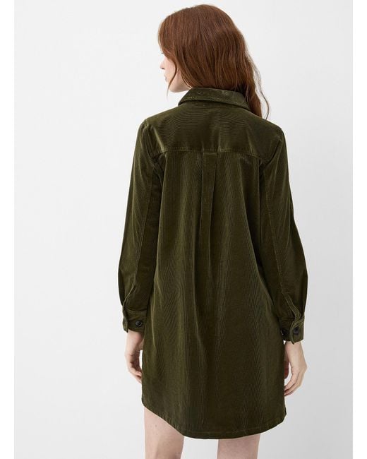 Contemporaine Green Ribbed Velvet Shirt Collar Dress