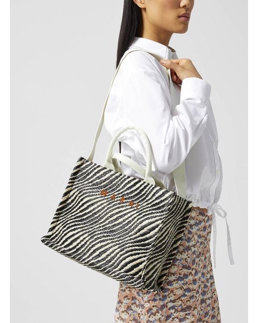 Marni Gray Little Striped Straw Tote