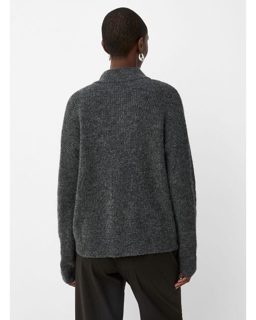 Contemporaine Black Buttoned Chimney Collar Fuzzy Sweater
