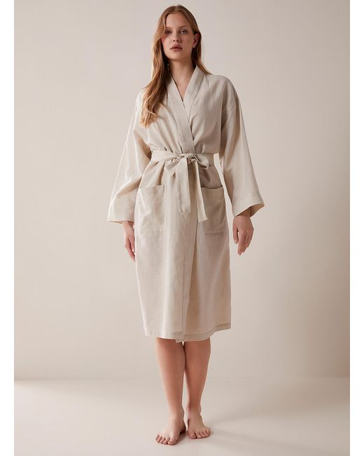 Miiyu Natural Long Solid Linen And Cotton Robe