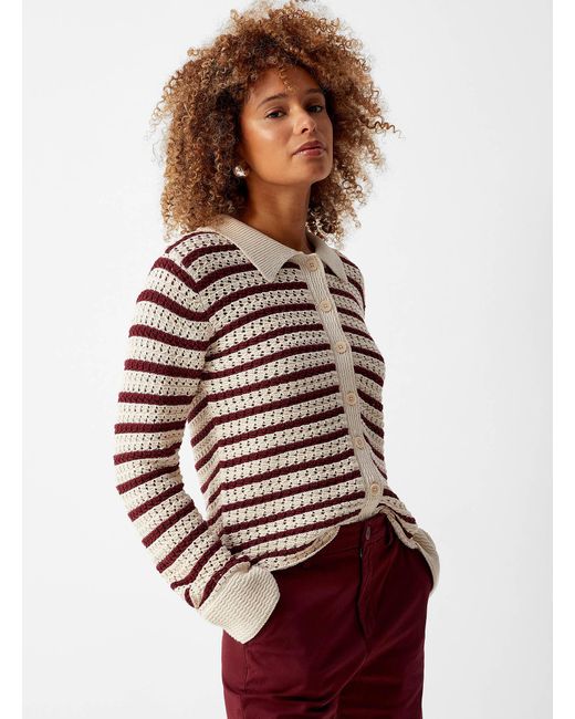 Part Two White Striped Buttoned Openwork Cardigan