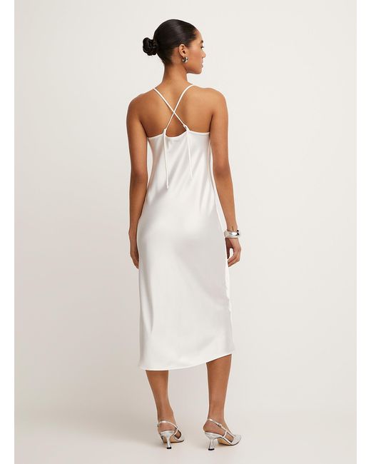 Icône White Draped Collar Ivory Satin Midi Dress