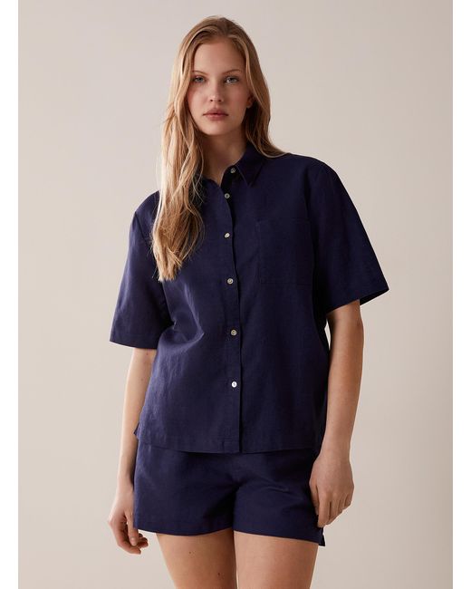 Miiyu Blue Plain Linen And Cotton Lounge Shirt