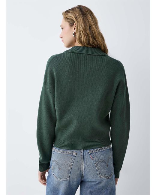 Twik Green Zippered Polo Collar Loose Cardigan