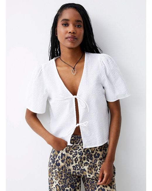 ONLY White Bow Waffled Cotton Blouse