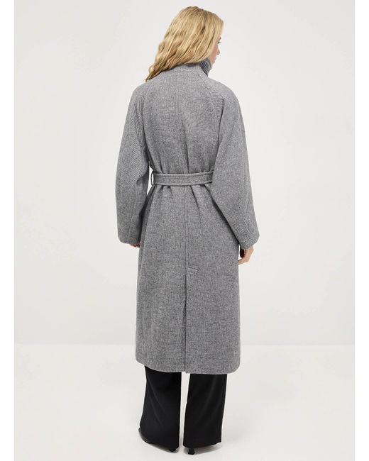 Ichi Gray Zigzag Stitching Funnel Neck Belted Overcoat