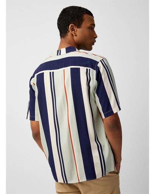 Le 31 Blue Vertical Stripe Camp Shirt Comfort Fit for men
