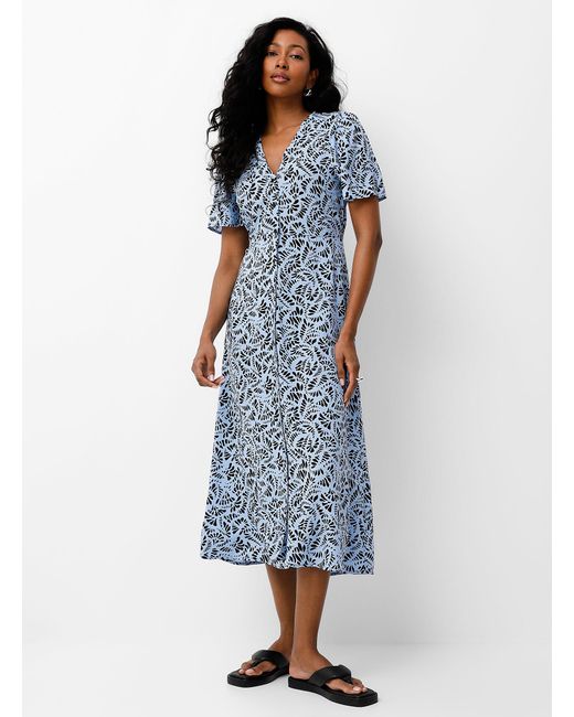 B.Young Blue Patterned Flowy Buttoned Dress