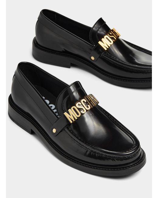 Moschino Black Gold Logo Glossy Leather Loafers Men for men