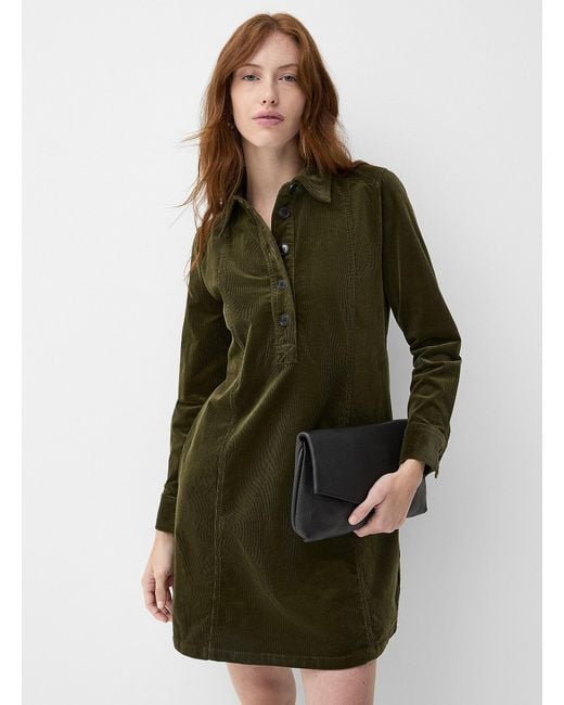 Contemporaine Green Ribbed Velvet Shirt Collar Dress