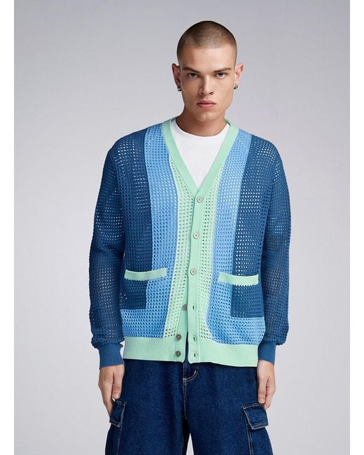 Obey Blue Colour Block Crochet Cardigan for men