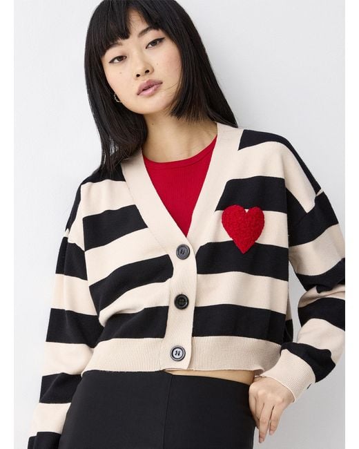 Twik Multicolor Fleece Heart Striped Cardigan