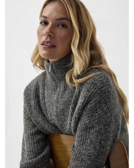 Contemporaine Gray Zippered Collar Colourful Weave Sweater