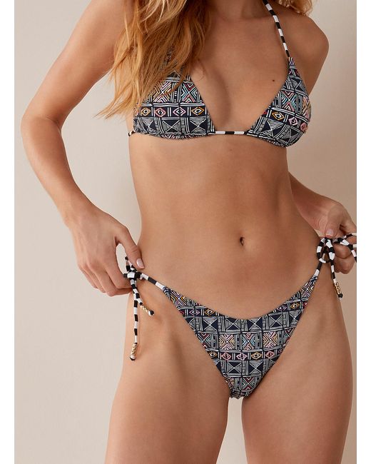 It's Now Cool Brown Geo Hatched Embroidered Pearl Bikini Bottom