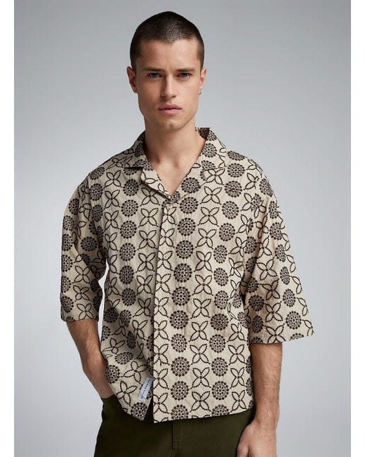 Native Youth Brown Art Deco Embroidered Camp Shirt for men