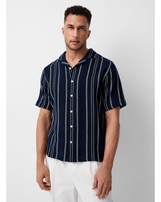 Le 31 Blue Striped Knit Camp Shirt Comfort Fit for men