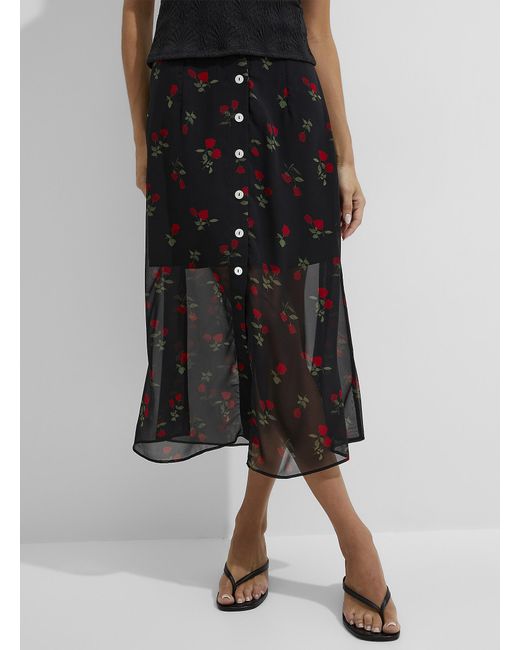 Icône Black Sheer Chiffon Buttoned Midi Skirt