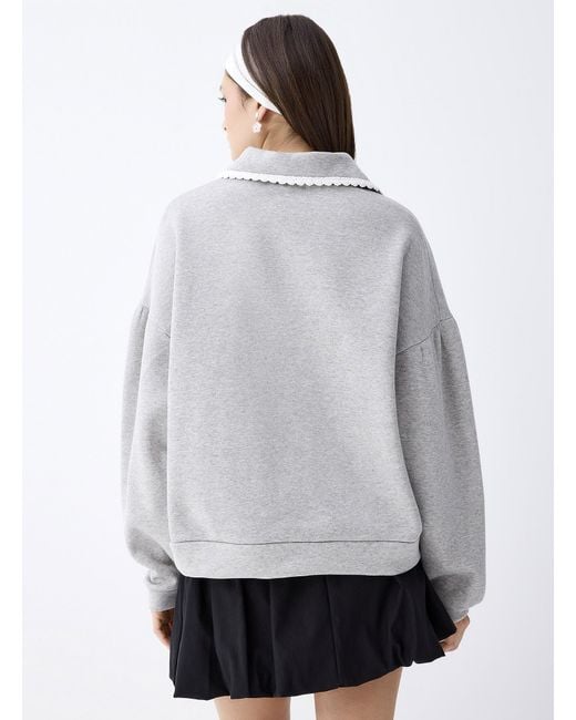 Twik Gray Scalloped Polo Collar Sweatshirt