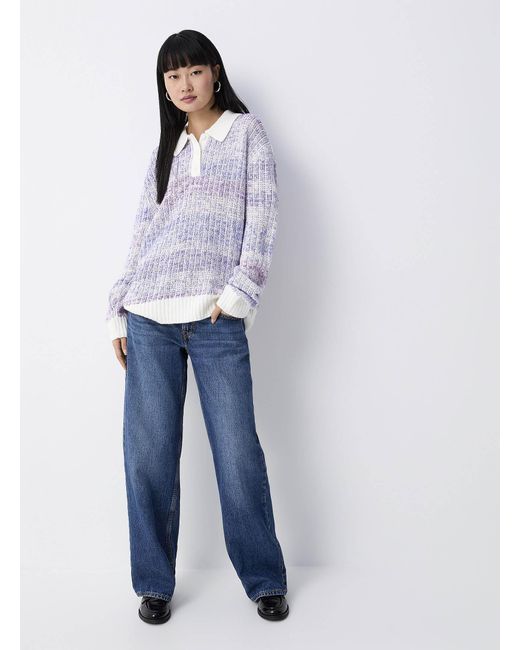 Twik Purple Vertical Stripes Polo Collar Sweater