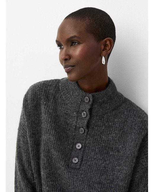 Contemporaine Black Buttoned Chimney Collar Fuzzy Sweater