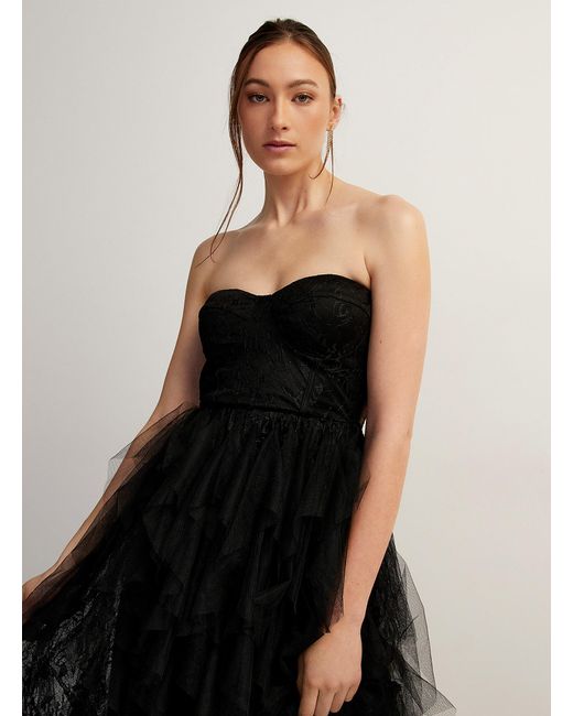 Icône Black Tulle Tiers Lace Bustier Maxi Dress