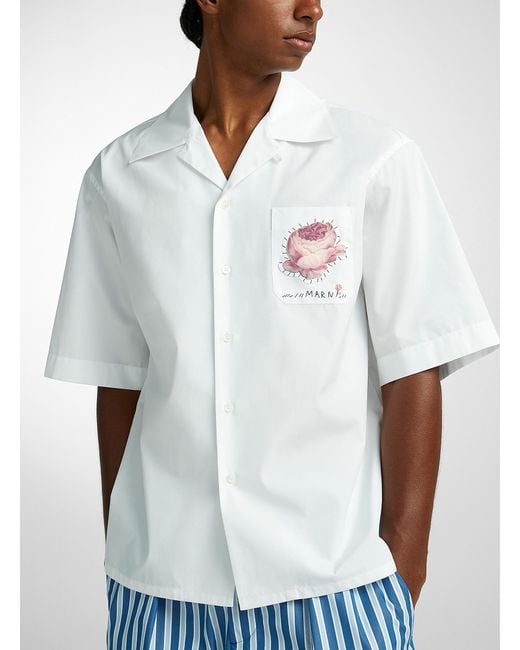 Marni White Compact Poplin Patch Flower Shirt for men