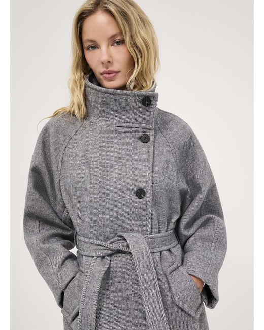 Ichi Gray Zigzag Stitching Funnel Neck Belted Overcoat