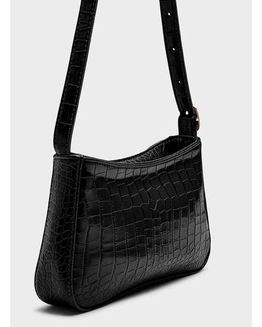 Simon's Black Solid Croc Baguette Bag