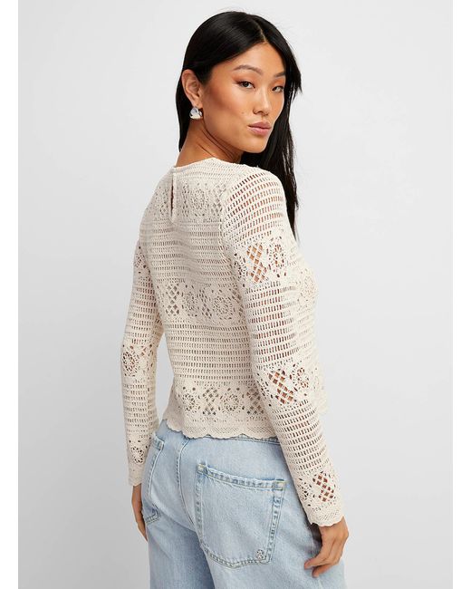 Icône White Scalloped Edging Crochet Sweater