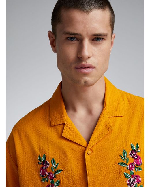 Native Youth Orange Embroidered Flower Seersucker Camp Shirt for men