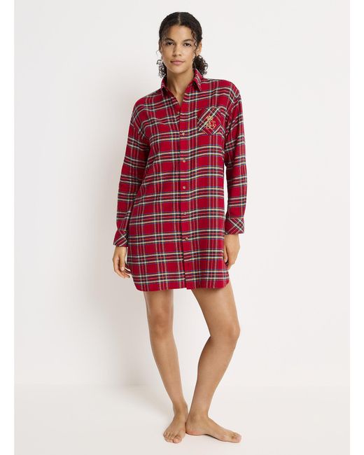 Ralph Lauren Red Festive Checkers Flannel Nightshirt Christmas Collection