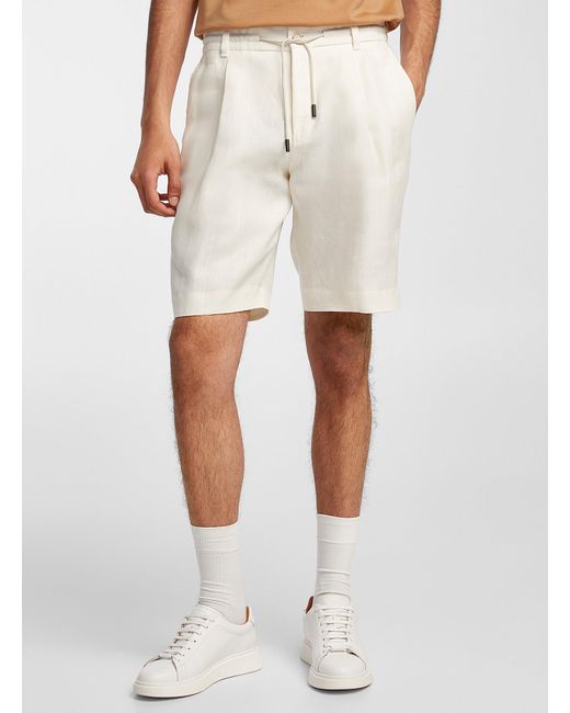 Boss White Chevron Design Linen Bermuda Shorts for men