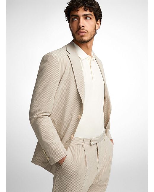 Boss White Pinstripes Seersucker Silk Suit for men